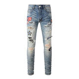 Medal Printed Badge Ripped Jeans Men
