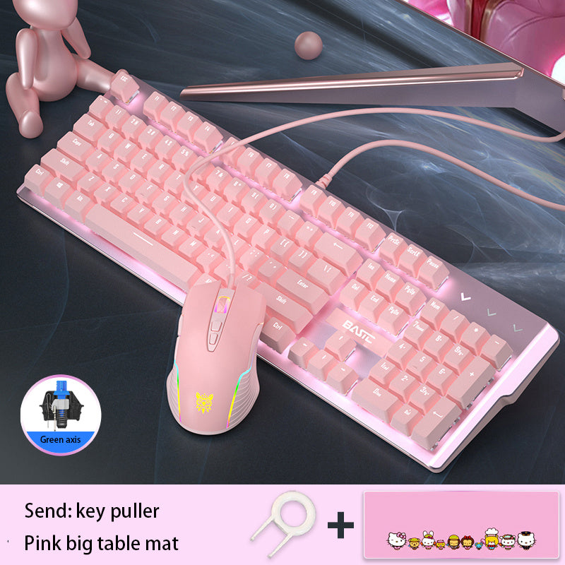 Pink Real Mechanical Keyboard And Mouse Set for Girls