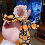Pearl Hair Tie Broken Flower Bow Ribbon Rubber Band