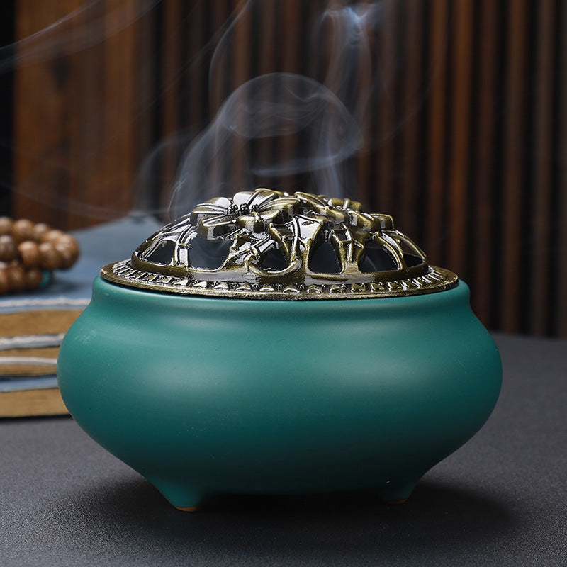 Copper Lid Ceramic Incense Burner Buddha