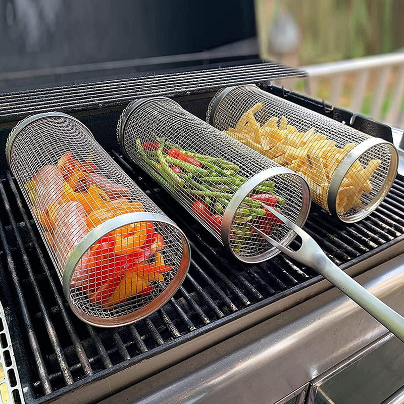 Rolling Grilling Basket Metal BBQ Barbecue Basket Net Portable