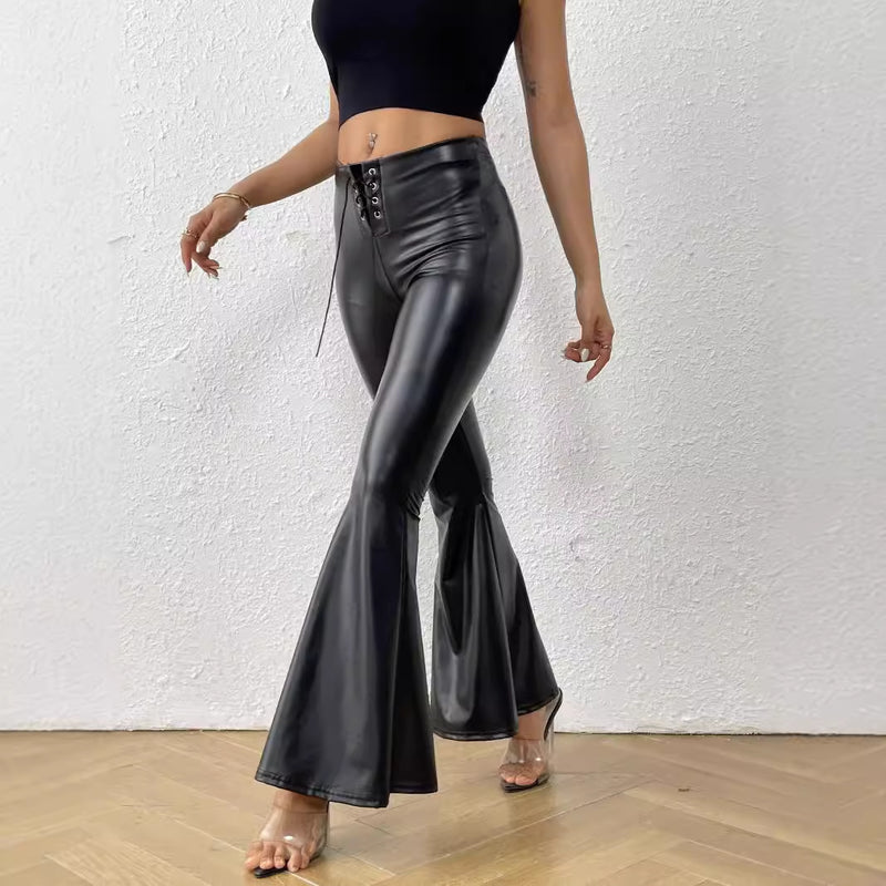 Leather Elastic Waist Bell-bottom Pants