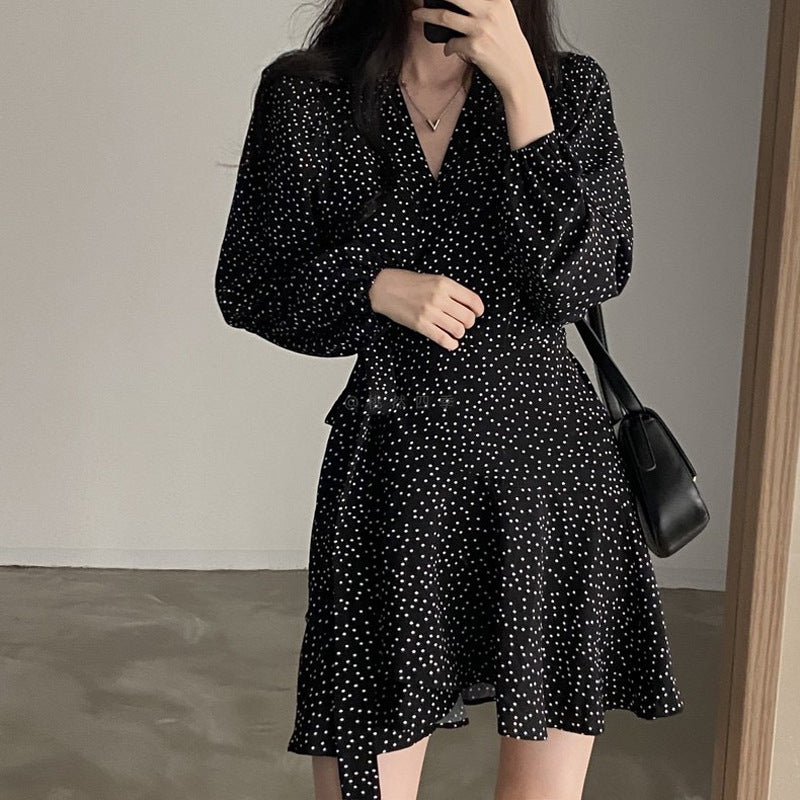V-collar Polka Dot Monochrome Dress