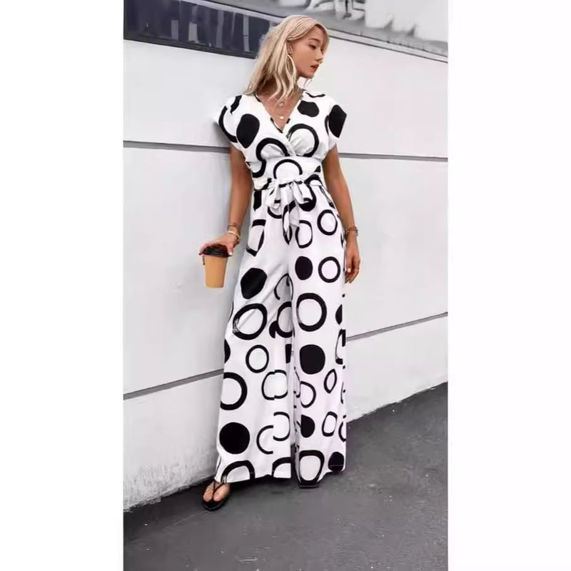 V-neck High Waist Print Belt Jumpsuit