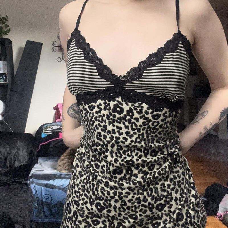 Girl Sexy Leopard Lace Splicing Sling