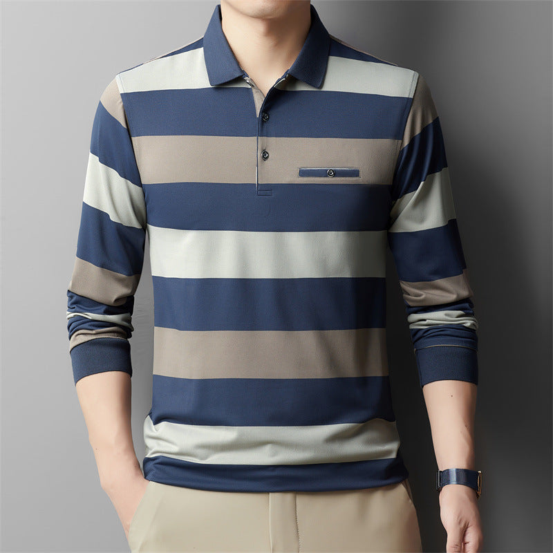 Fashion Colorblock Striped  Lapel T-shirt